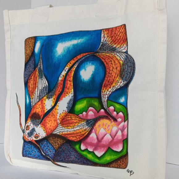 Hand-Painted Koi Fish Canvas Tote Bag: Lotus Pond Reusable Bag 14x13x7 inches - Picture 4 of 10
